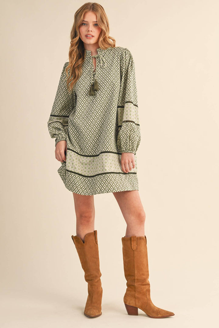 MIXED PRINT MINI SHIFT DRESS MDR4391: SAGE OLIVE / S send a bouquet- the best flower delivery