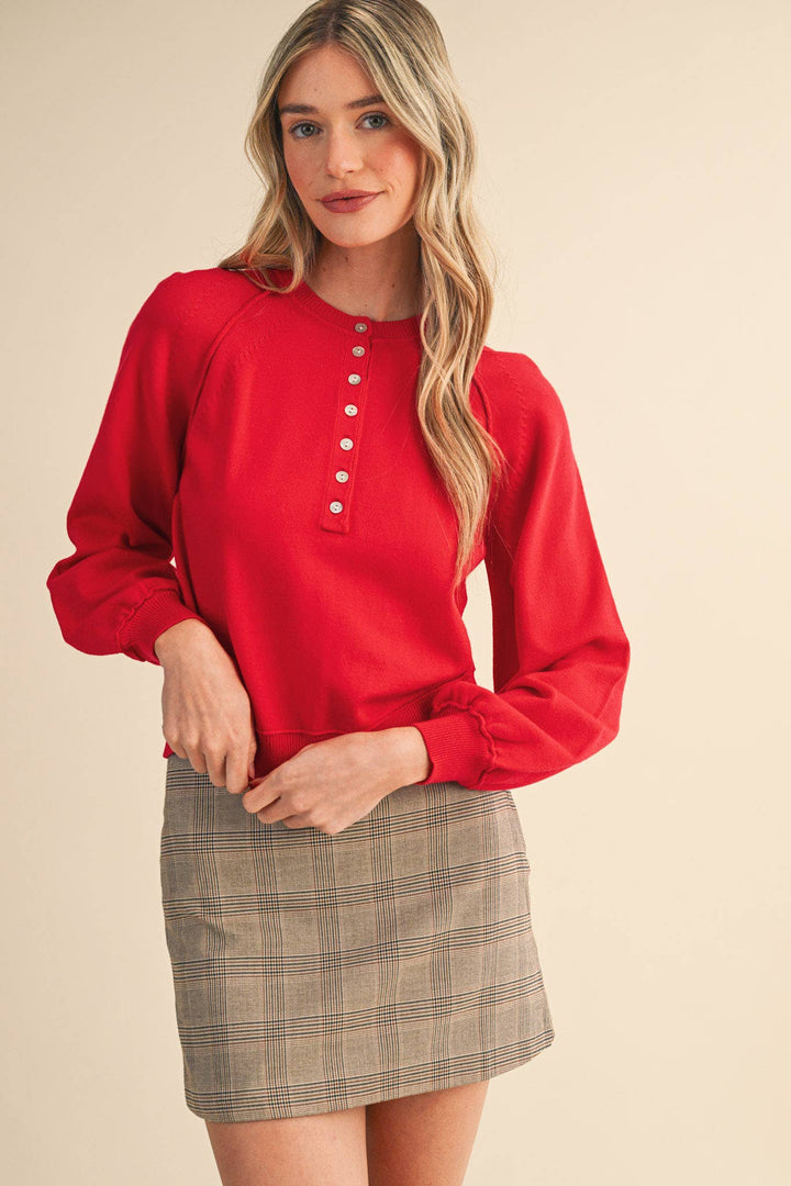 PUFF SLEEVE HENLEY SHELL BUTTON SWEATER MSW11237: IVORY / L send a bouquet- the best flower delivery