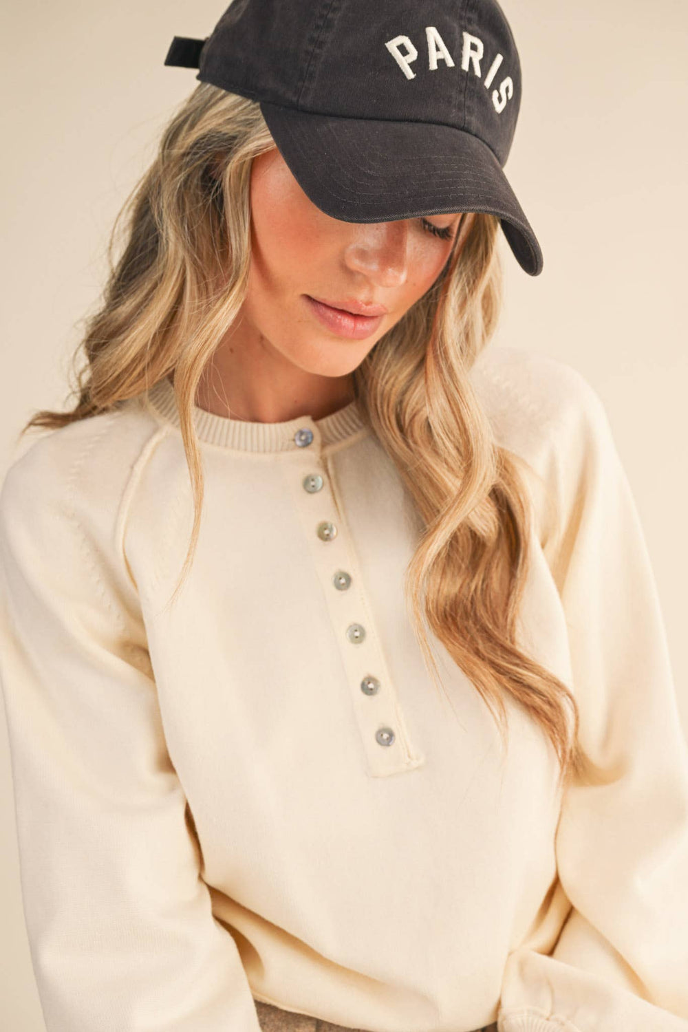 PUFF SLEEVE HENLEY SHELL BUTTON SWEATER MSW11237: IVORY / L send a bouquet- the best flower delivery