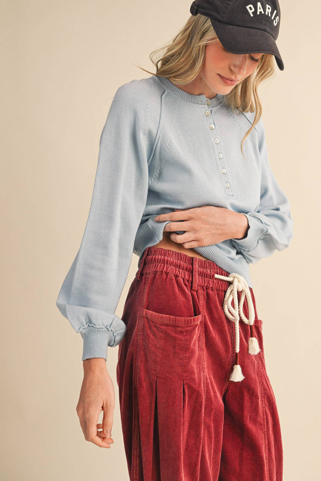 PUFF SLEEVE HENLEY SHELL BUTTON SWEATER MSW11237: IVORY / L send a bouquet- the best flower delivery
