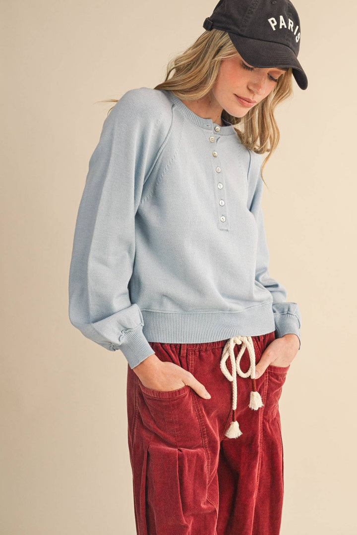 PUFF SLEEVE HENLEY SHELL BUTTON SWEATER MSW11237: IVORY / L send a bouquet- the best flower delivery