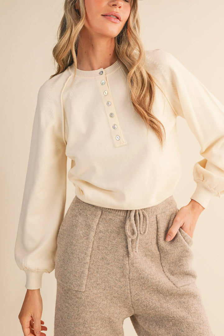 PUFF SLEEVE HENLEY SHELL BUTTON SWEATER MSW11237: IVORY / L send a bouquet- the best flower delivery