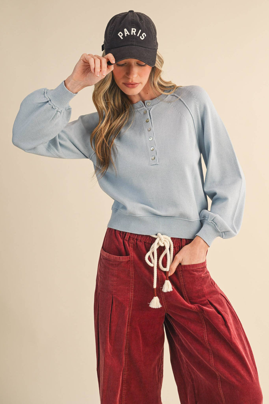 PUFF SLEEVE HENLEY SHELL BUTTON SWEATER MSW11237: IVORY / M send a bouquet- the best flower delivery
