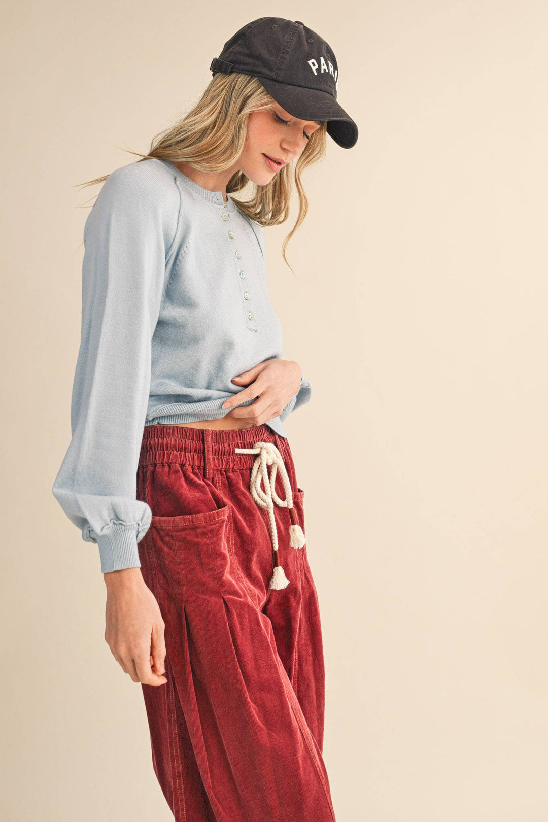 PUFF SLEEVE HENLEY SHELL BUTTON SWEATER MSW11237: IVORY / M send a bouquet- the best flower delivery