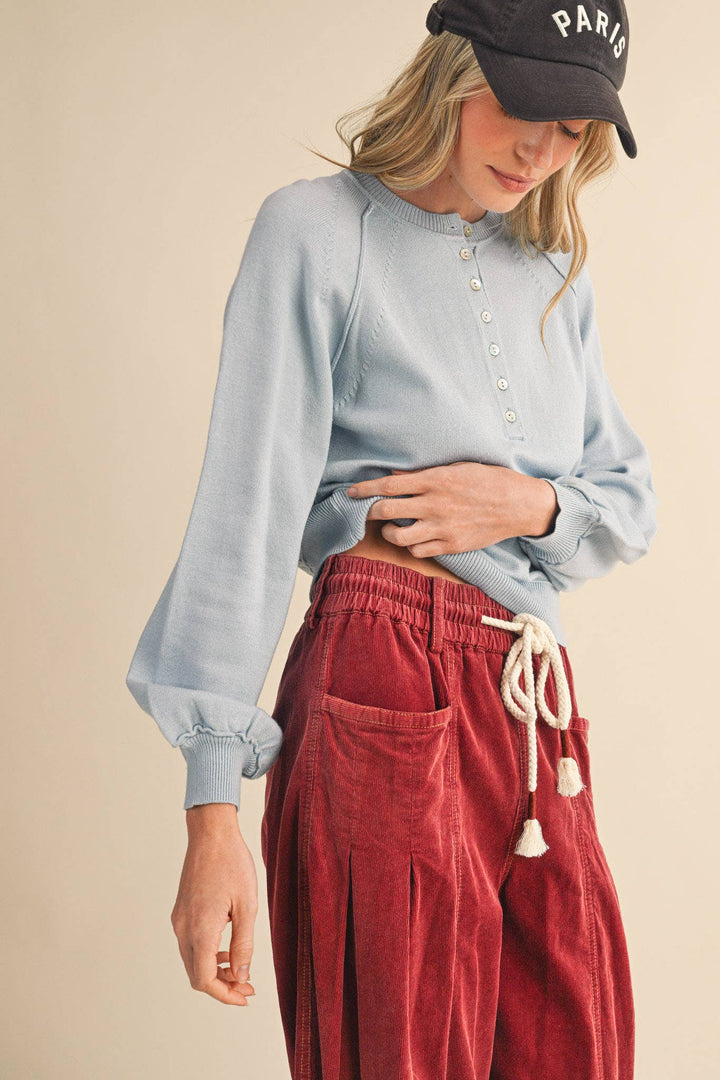 PUFF SLEEVE HENLEY SHELL BUTTON SWEATER MSW11237: IVORY / M send a bouquet- the best flower delivery