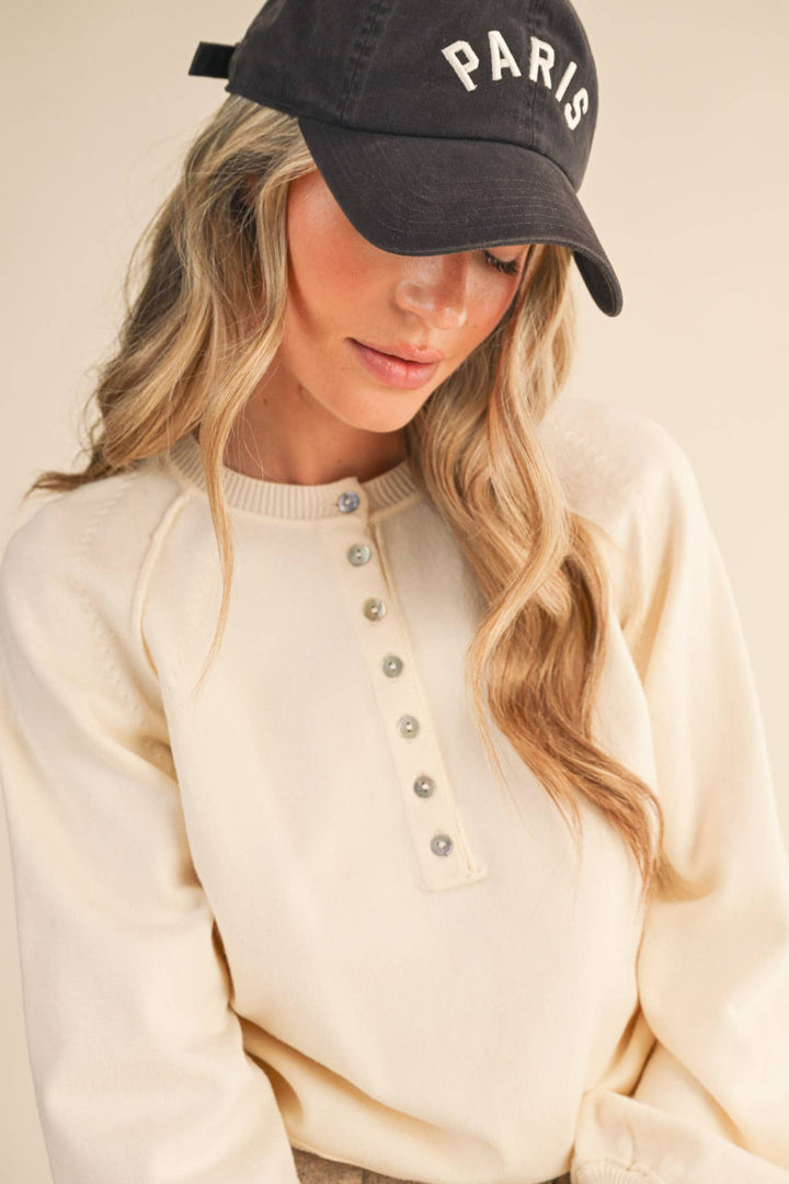 PUFF SLEEVE HENLEY SHELL BUTTON SWEATER MSW11237: IVORY / M send a bouquet- the best flower delivery