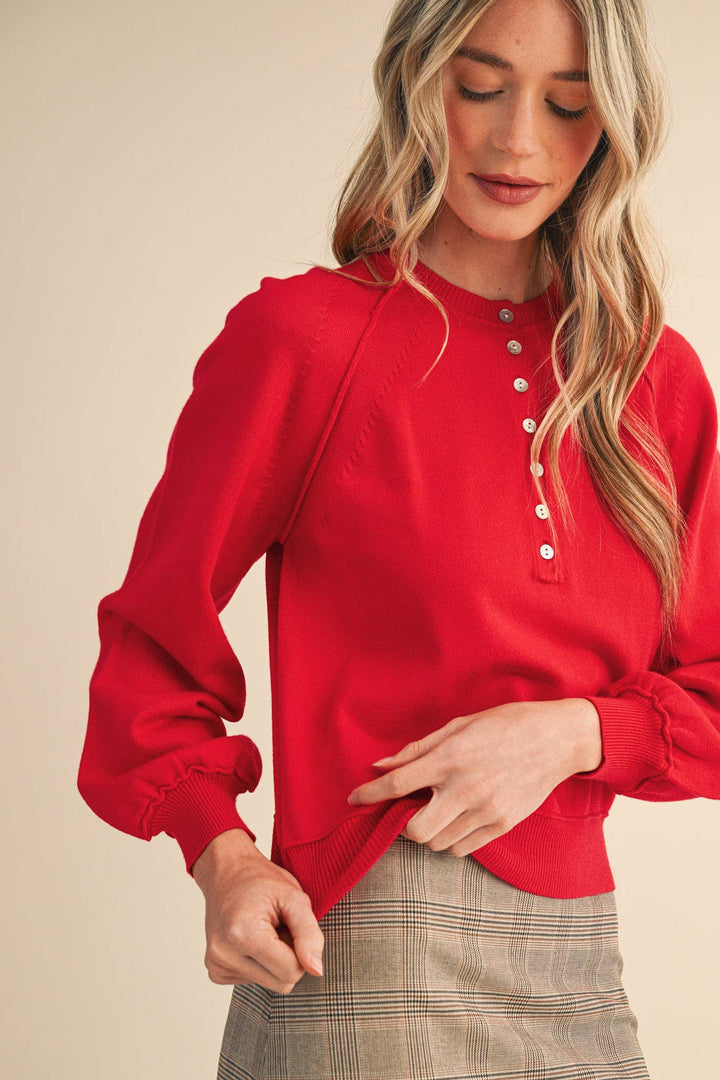 PUFF SLEEVE HENLEY SHELL BUTTON SWEATER MSW11237: IVORY / M send a bouquet- the best flower delivery