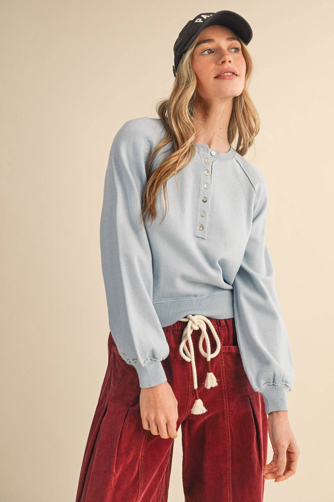 PUFF SLEEVE HENLEY SHELL BUTTON SWEATER MSW11237: IVORY / S send a bouquet- the best flower delivery