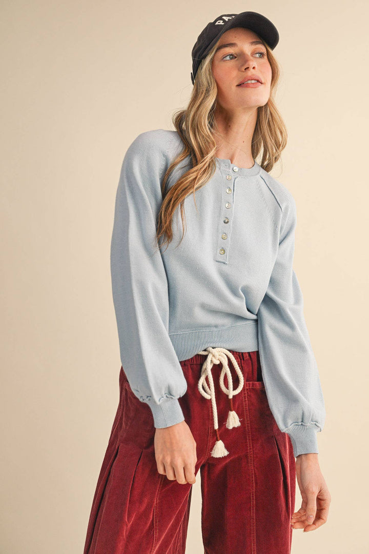 PUFF SLEEVE HENLEY SHELL BUTTON SWEATER MSW11237: IVORY / S send a bouquet- the best flower delivery