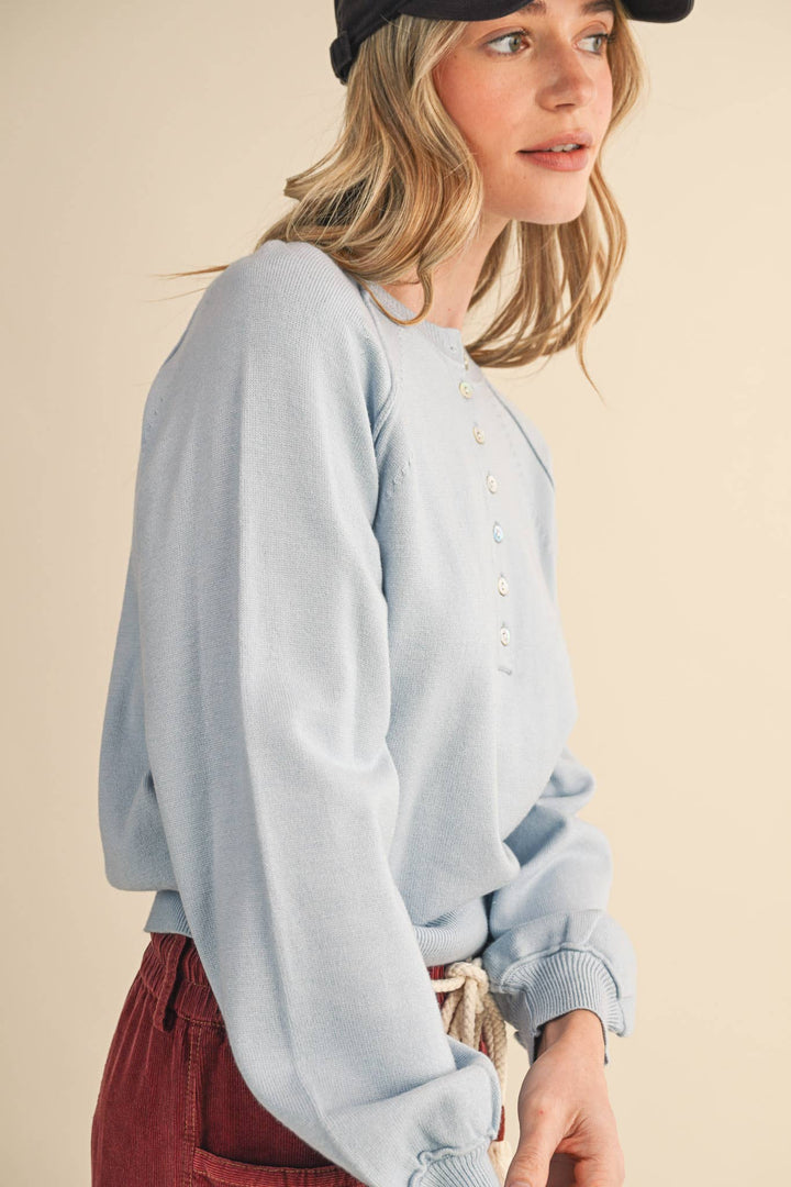 PUFF SLEEVE HENLEY SHELL BUTTON SWEATER MSW11237: IVORY / S send a bouquet- the best flower delivery