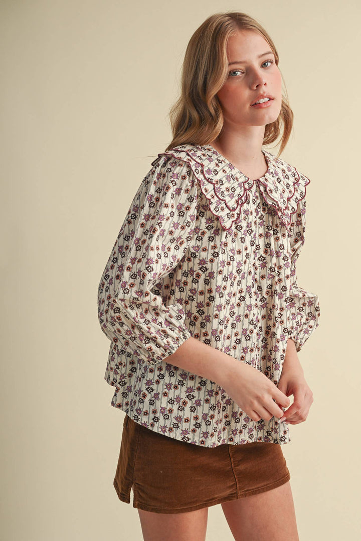 SCALLOPED DOLL COLLAR BUTTON UP FLORAL TOP MTP4964: SAGE FLORAL / L send a bouquet- the best flower delivery