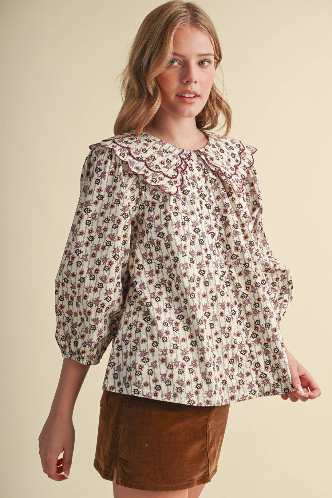 SCALLOPED DOLL COLLAR BUTTON UP FLORAL TOP MTP4964: SAGE FLORAL / L send a bouquet- the best flower delivery