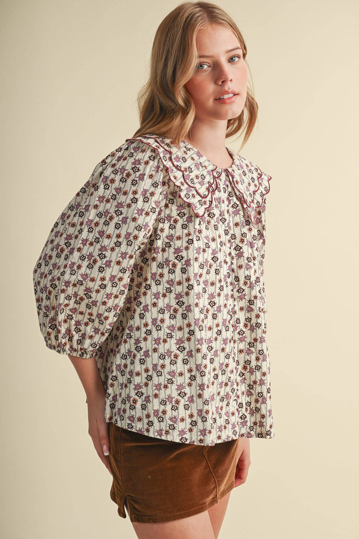 SCALLOPED DOLL COLLAR BUTTON UP FLORAL TOP MTP4964: SAGE FLORAL / L send a bouquet- the best flower delivery