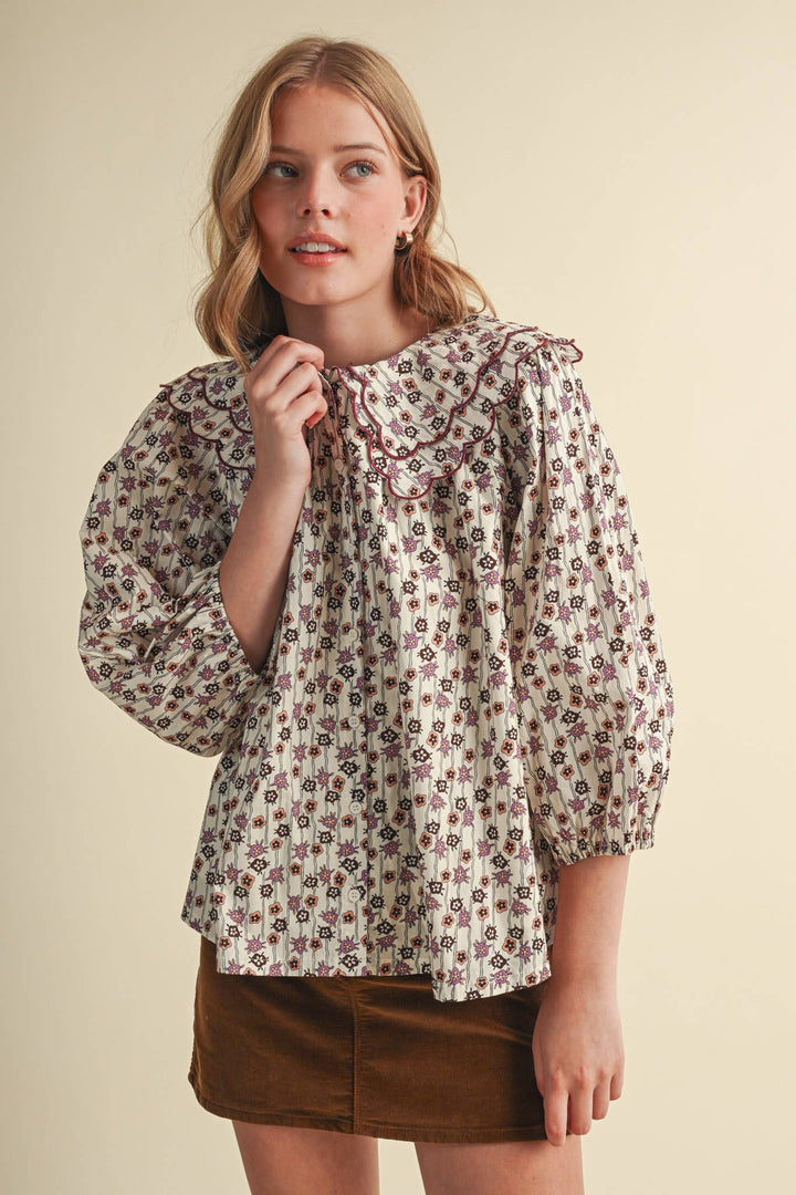 SCALLOPED DOLL COLLAR BUTTON UP FLORAL TOP MTP4964: SAGE FLORAL / L send a bouquet- the best flower delivery