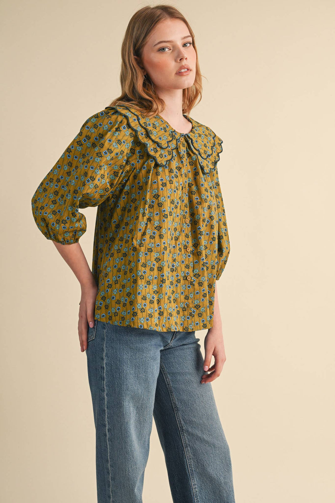 SCALLOPED DOLL COLLAR BUTTON UP FLORAL TOP MTP4964: SAGE FLORAL / L send a bouquet- the best flower delivery
