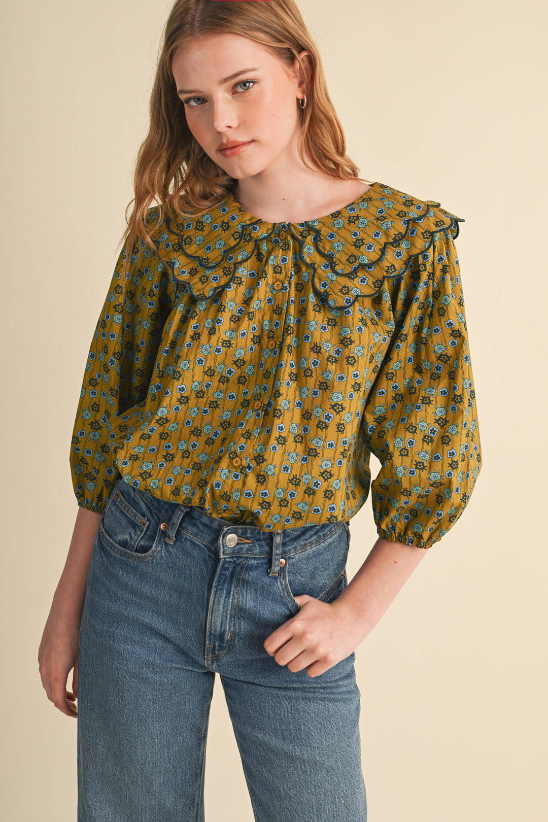 SCALLOPED DOLL COLLAR BUTTON UP FLORAL TOP MTP4964: SAGE FLORAL / L send a bouquet- the best flower delivery