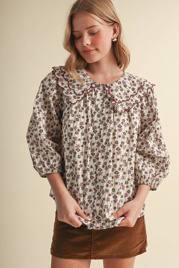 SCALLOPED DOLL COLLAR BUTTON UP FLORAL TOP MTP4964: SAGE FLORAL / M send a bouquet- the best flower delivery