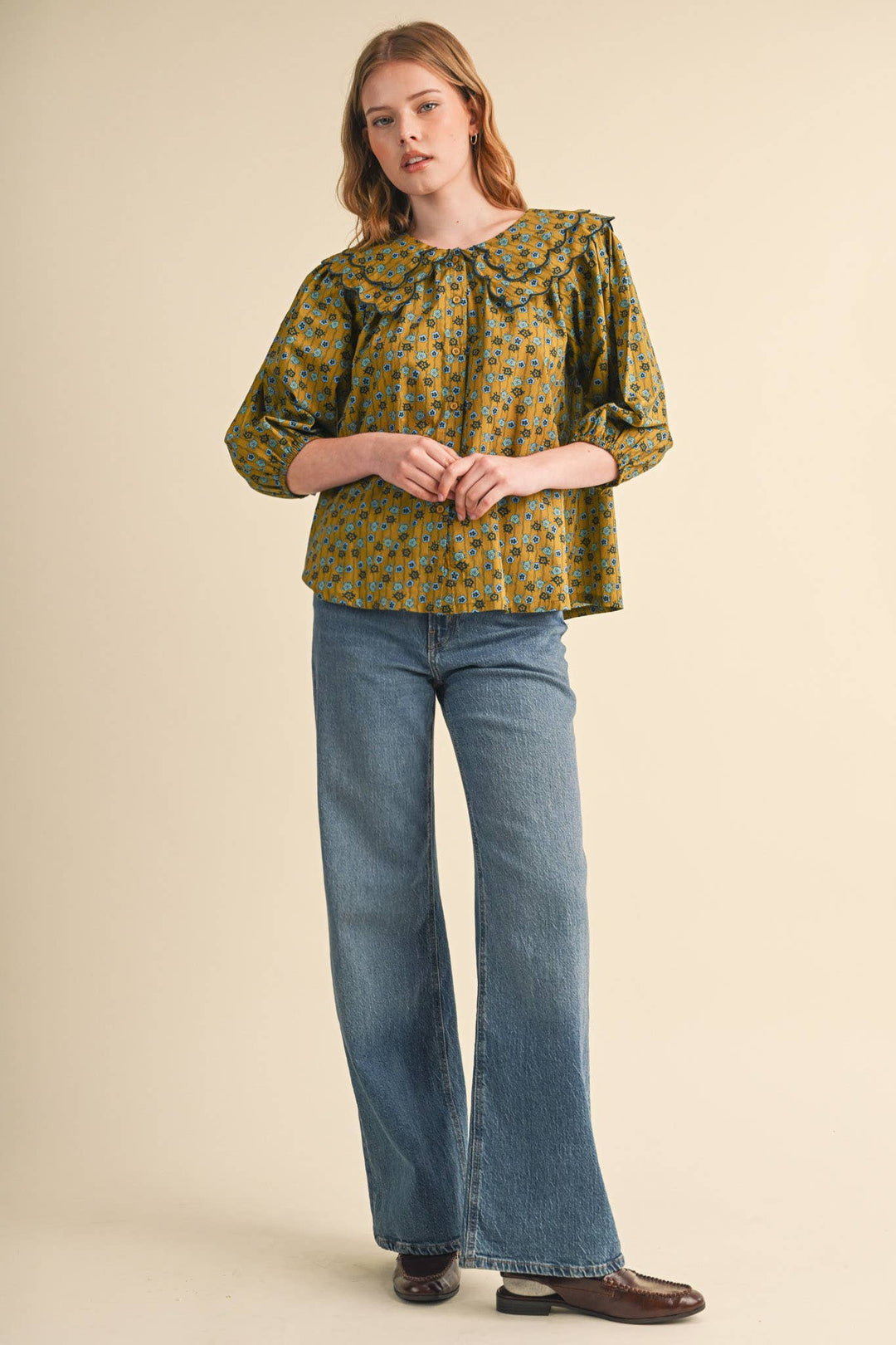 SCALLOPED DOLL COLLAR BUTTON UP FLORAL TOP MTP4964: SAGE FLORAL / M send a bouquet- the best flower delivery