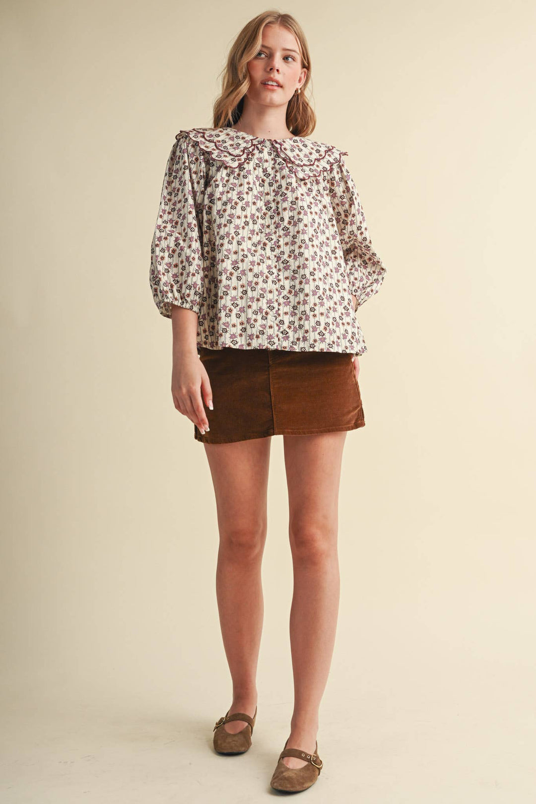SCALLOPED DOLL COLLAR BUTTON UP FLORAL TOP MTP4964: SAGE FLORAL / S send a bouquet- the best flower delivery