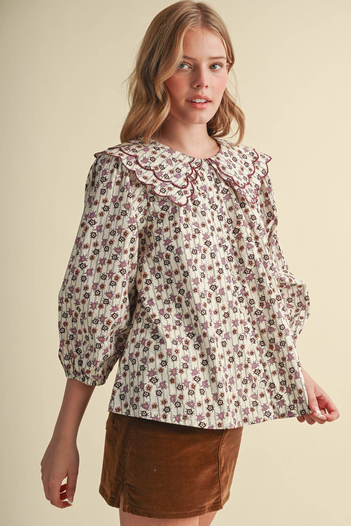 SCALLOPED DOLL COLLAR BUTTON UP FLORAL TOP MTP4964: SAGE FLORAL / S send a bouquet- the best flower delivery