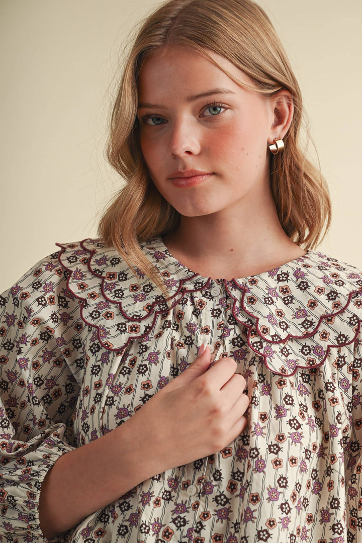 SCALLOPED DOLL COLLAR BUTTON UP FLORAL TOP MTP4964: SAGE FLORAL / S send a bouquet- the best flower delivery