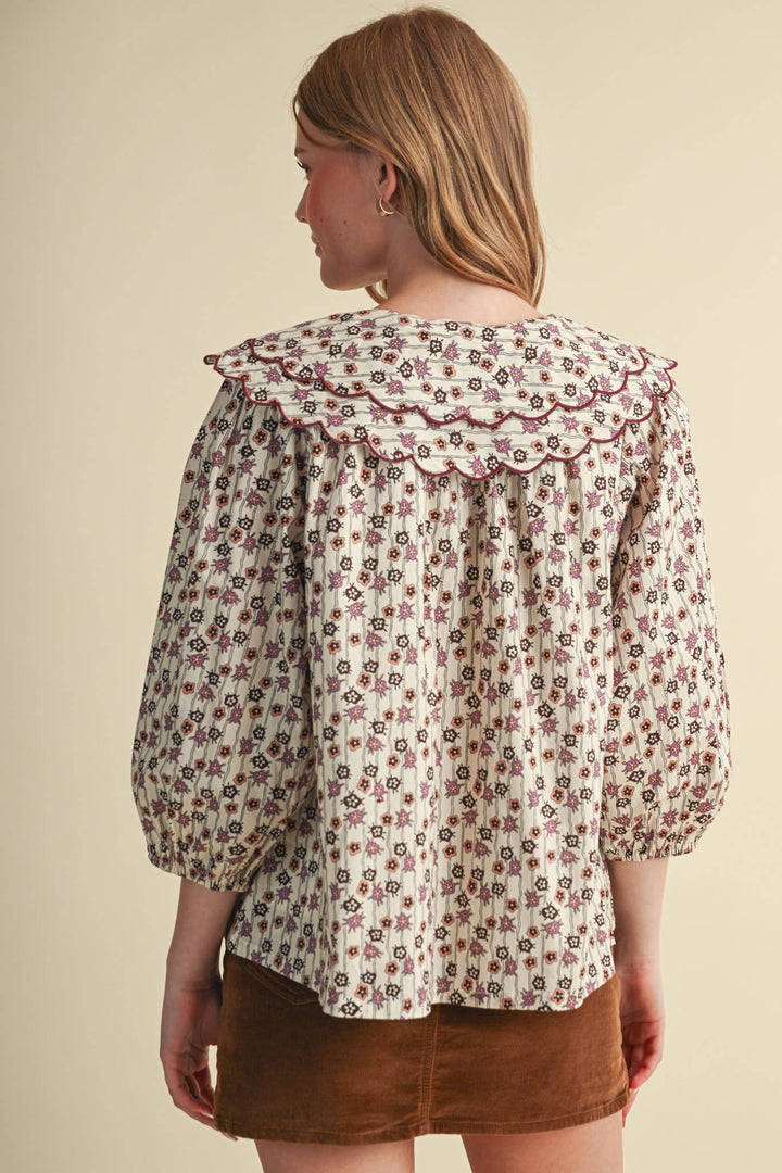 SCALLOPED DOLL COLLAR BUTTON UP FLORAL TOP MTP4964: SAGE FLORAL / S send a bouquet- the best flower delivery