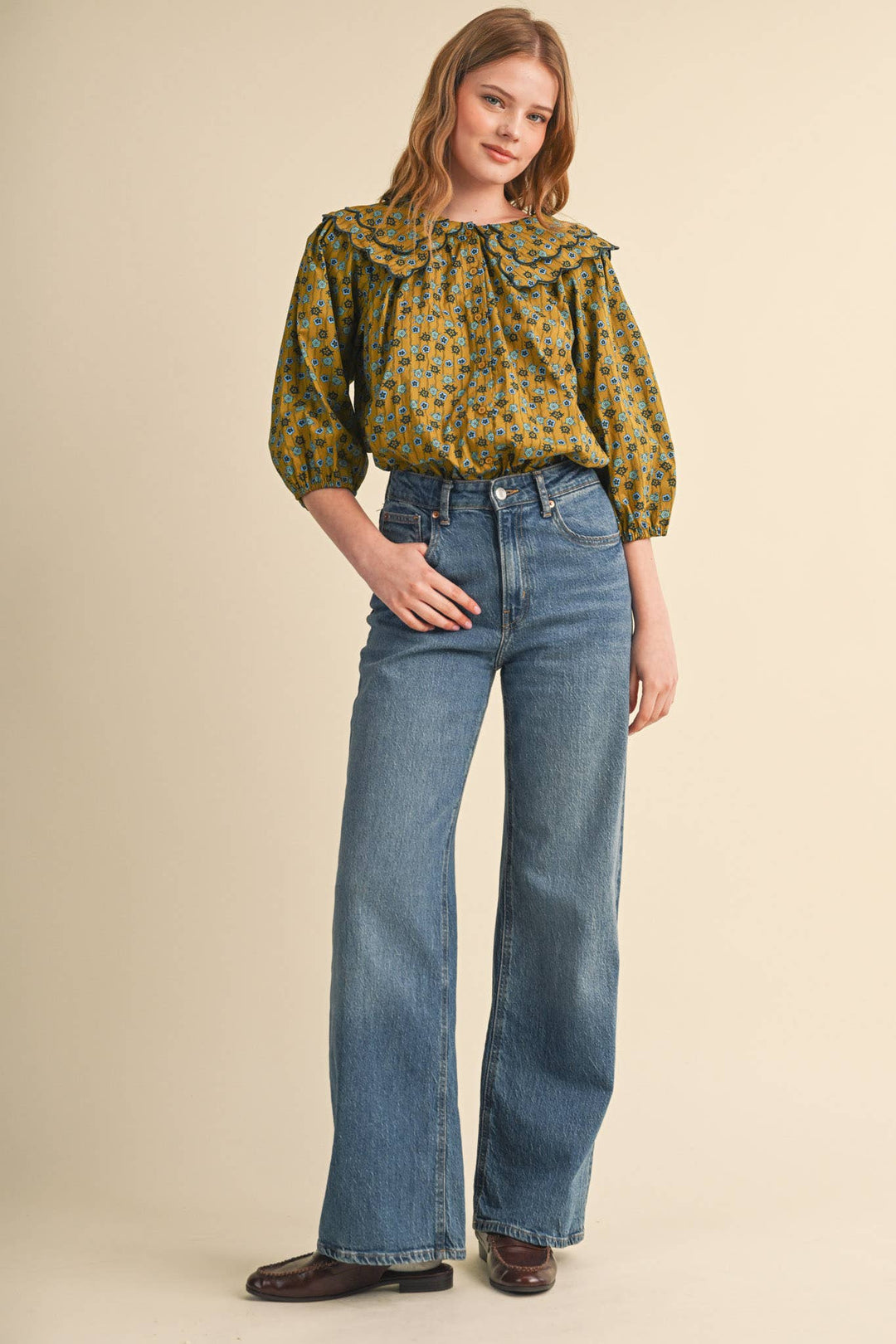 SCALLOPED DOLL COLLAR BUTTON UP FLORAL TOP MTP4964: SAGE FLORAL / S send a bouquet- the best flower delivery
