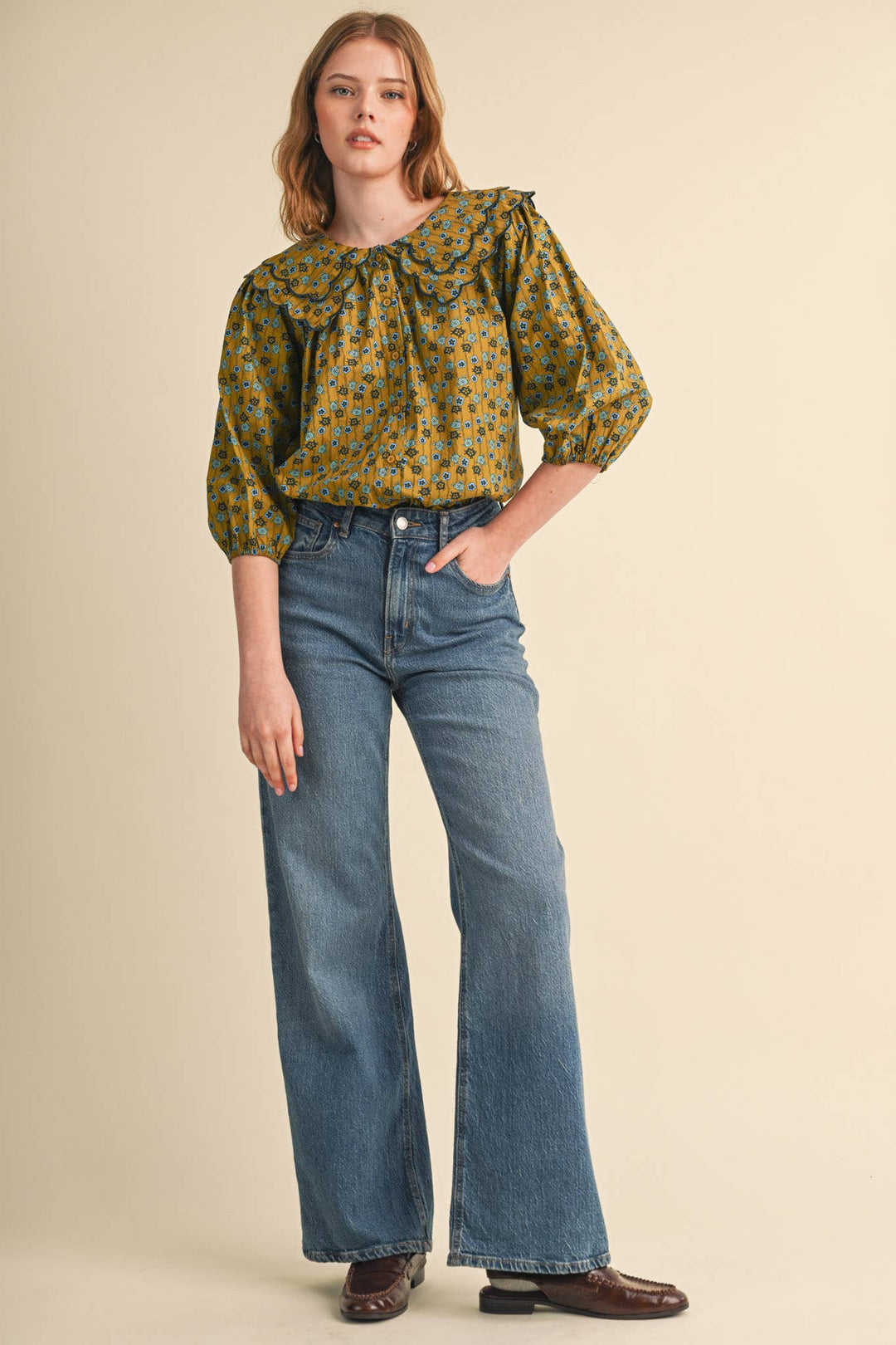 SCALLOPED DOLL COLLAR BUTTON UP FLORAL TOP MTP4964: SAGE FLORAL / S send a bouquet- the best flower delivery