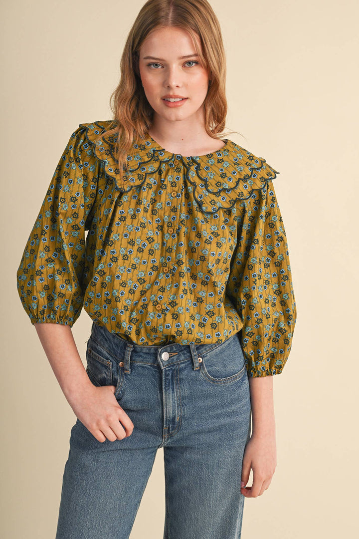 SCALLOPED DOLL COLLAR BUTTON UP FLORAL TOP MTP4964: SAGE FLORAL / S send a bouquet- the best flower delivery